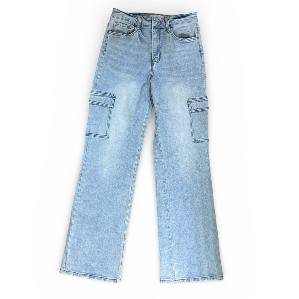 Vervet - 90's Vintage Super High Rise Cargo Straight Jeans Light Wash Sz 26 - Picture 2 of 11